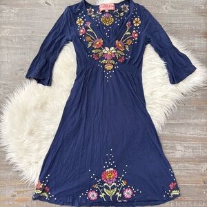 Johnny Was JWLA Cotton Embroidered 3/4 Bell Sleeve Navy Dress